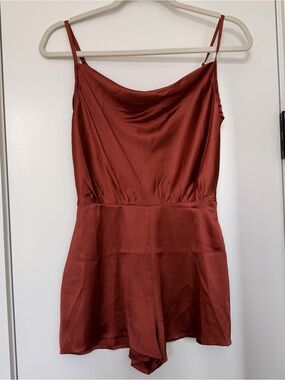 Guess Satin Cowl Neck Romper with Adjustable Straps in Rust